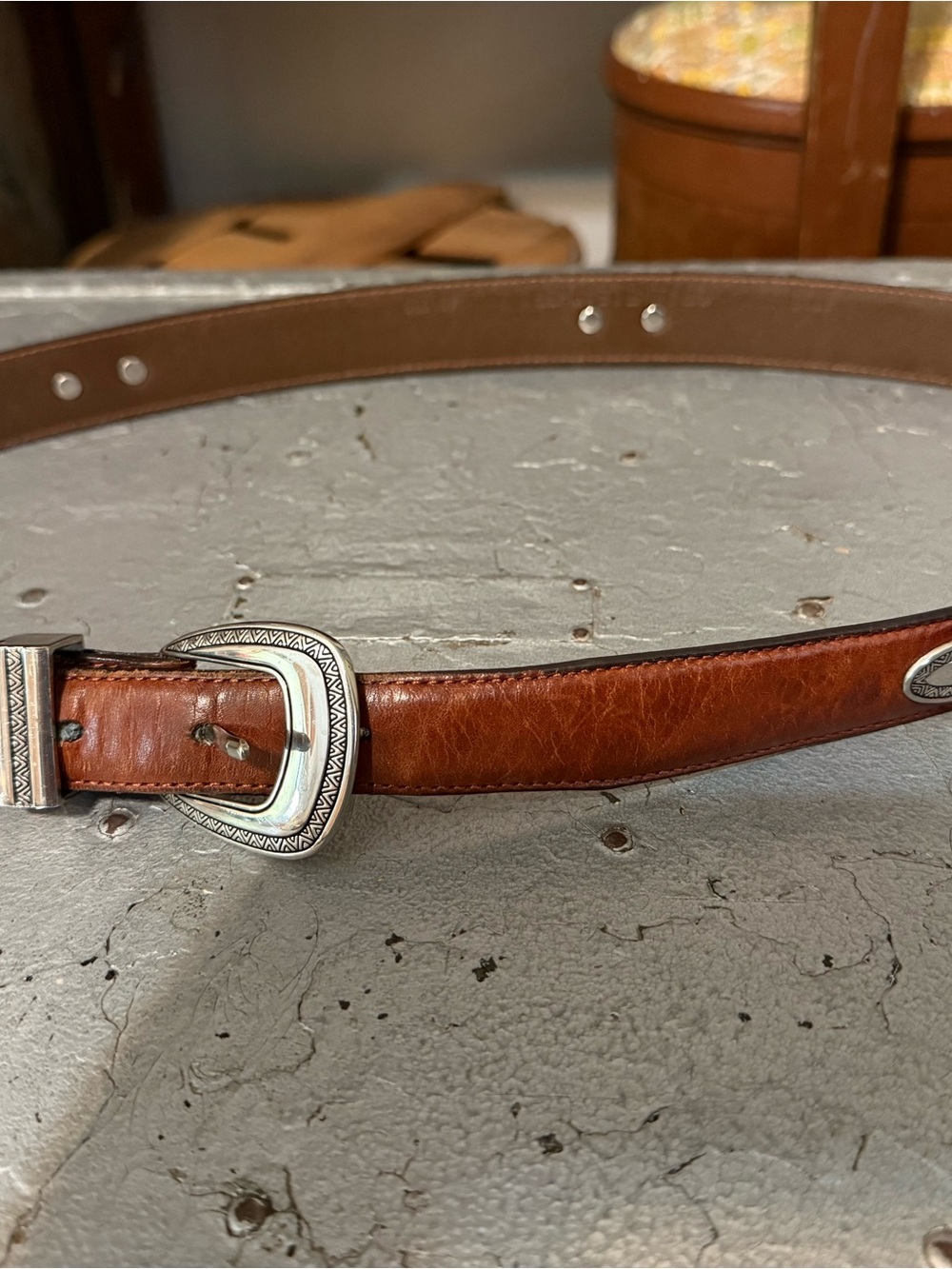 Source Unknown Brown Leather Belt with Silver Etched Buckle